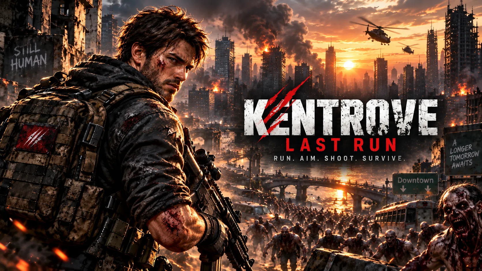 Kentrove: Last Run key art: a battle-worn survivor with a rifle looks back over a burning city as a zombie horde crosses the bridge below
