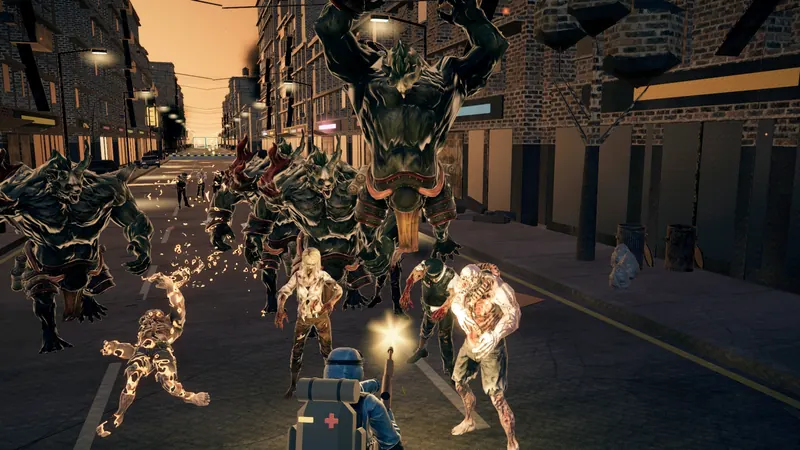 Gameplay: the survivor fires into a Dead City street as zombies and a towering mutant charge toward him