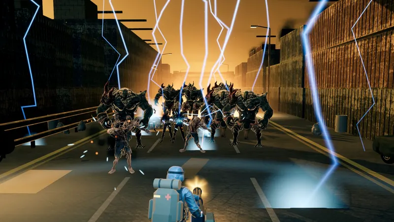 Gameplay: the Storm super power strikes a pack of mutants with chain lightning on an industrial road at sunset