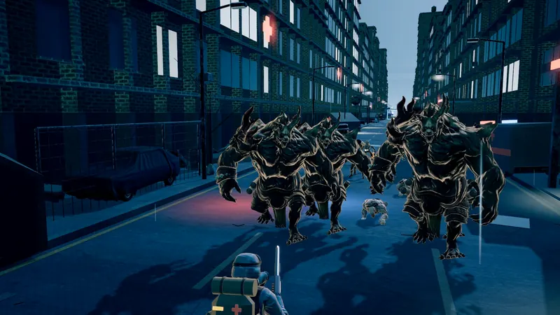 Gameplay: hulking brutes charge down a hospital-district street at night toward the survivor
