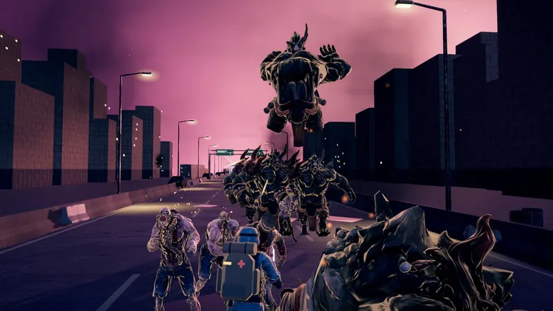 Gameplay: a brute leaps through the air above a zombie horde on a highway under a violet dusk sky