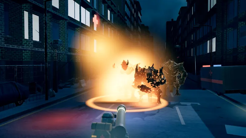 Gameplay: a rocket explodes among mutants on a dark city street