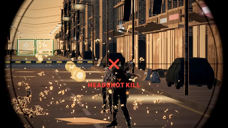 Gameplay: a scoped view lands a headshot kill on a zombie in a ruined street