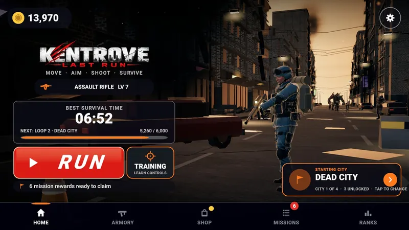 The home screen showing the Kentrove: Last Run logo, best survival time, the RUN button and the survivor in a ruined street