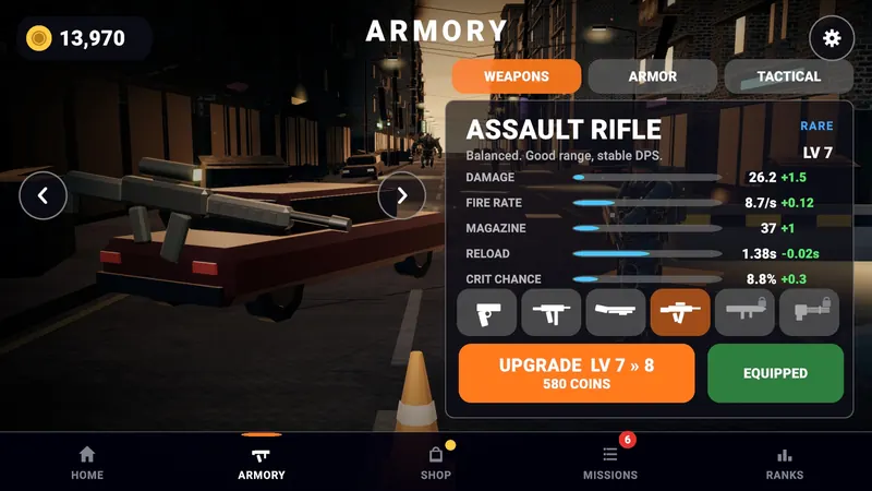 The Armory screen showing assault rifle stats, weapon tabs and an upgrade priced in coins