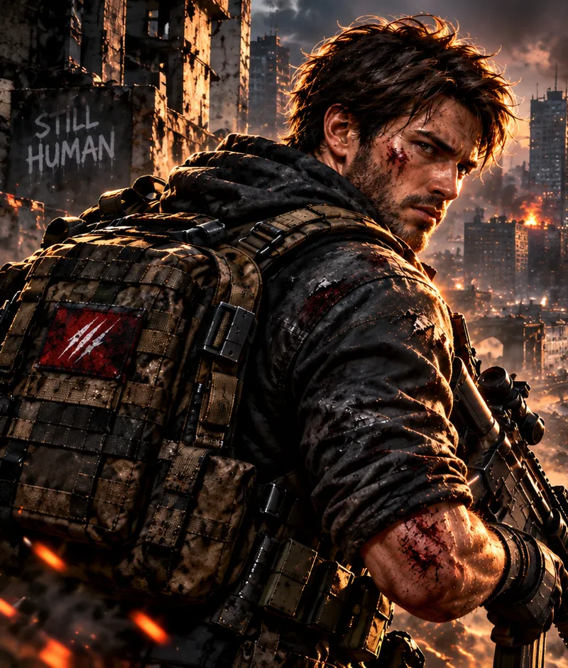 Close-up of the survivor in a tactical backpack holding a scoped rifle, the ruined skyline burning behind him